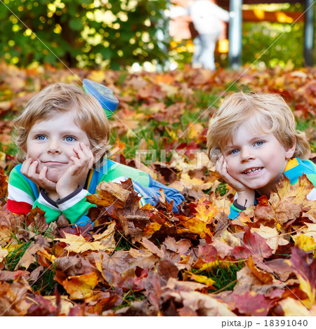 Two little kid boys laying in autumn leaves in colorful clothing 18391040