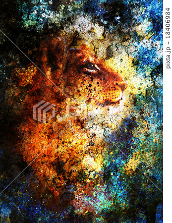Little lion cub head. animal painting, blue color 18406984