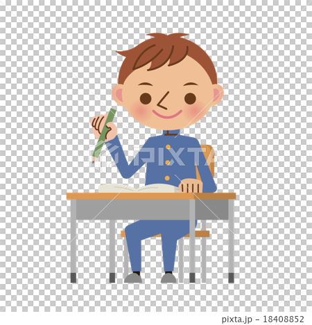 机に座って勉強をする男子中学生 高校生のイラスト素材