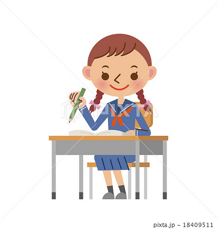 机に座って勉強をする女子中学生 高校生のイラスト素材 18409511