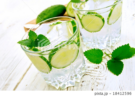Lemonade with cucumber and mint on white board 18412596
