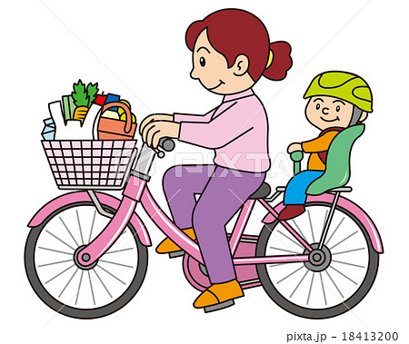 子供を乗せて自転車を漕ぐ女性のイラスト素材