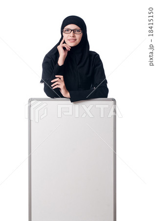 Muslim woman with blank board on white 18415150
