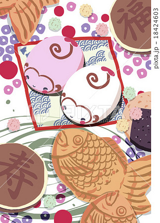 和菓子なイラスト素材 さるの紅白饅頭 和菓子多 淡い鹿の子模様 はがきテンプレートのイラスト素材