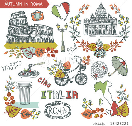 Italy Rome landmark set.Autumn leaves wteath group 18428221