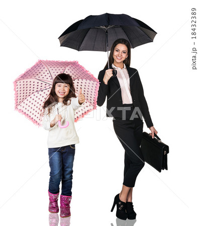 Businesswoman with daughter under umbrellas Businesswoman with daughter under umbrellas 18432389