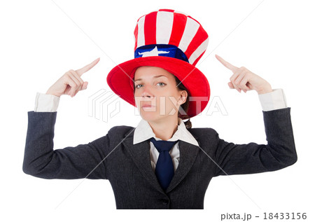 Young woman with american symbols on white 18433156
