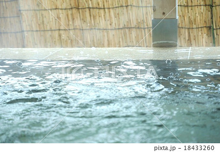 秋冬の背景素材 鄙の温泉の寒い朝の湯煙りと流れる泡 横位置の写真素材
