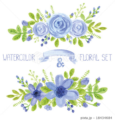 Watercolor blue flowers bouquets decor set Watercolor blue flowers bouquets decor set 18434684