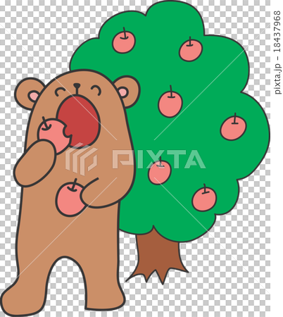 リンゴを食べるクマとリンゴの木のイラスト素材