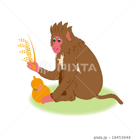 稲穂とひょうたんを持った猿のイラストのイラスト素材