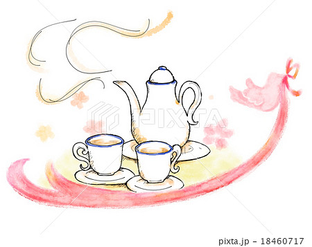 紅茶セットとピンクの鳥のイラスト素材 18460717 Pixta