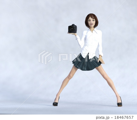 一眼レフを持ってポーズする白いシャツの女性 Perming 3dcgイラスト素材のイラスト素材