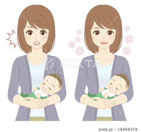 若い母親 びっくり顔と安心笑顔のイラスト素材