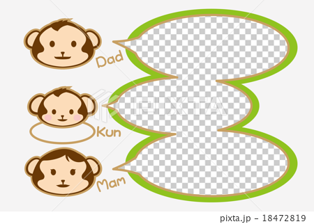 猿の家族 はがきテンプレート 父 母 息子 ブラウン枠 グリーン枠 白色背景のイラスト素材