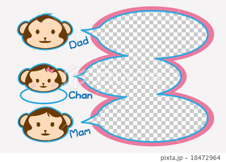 猿の家族 はがきテンプレート 父 母 娘 ブルー枠 ピンク枠 白背景のイラスト素材
