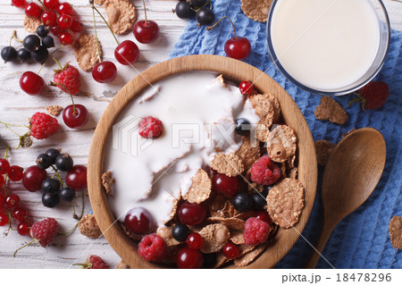 Muesli with milk and berries closeup top view Muesli with milk and berries closeup top view 18478296
