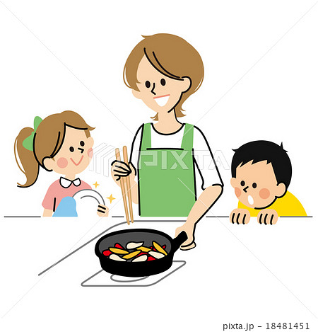 料理をするお母さんと子どもたちのイラスト素材