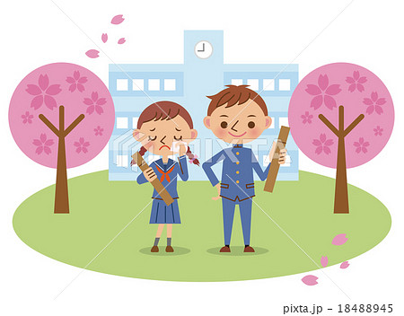 卒業式に校舎の前に立つ男女2人（中学生・高校生） 18488945