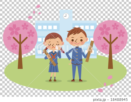 卒業式に校舎の前に立つ男女2人（中学生・高校生） 18488945