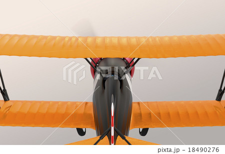 イエローブラックのツートーン複葉機の背面アングルイメージ 18490276