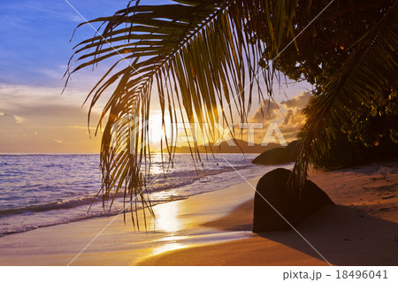 Sunset on beach Source D'Argent at Seychelles Sunset on beach Source D'Argent at Seychelles 18496041
