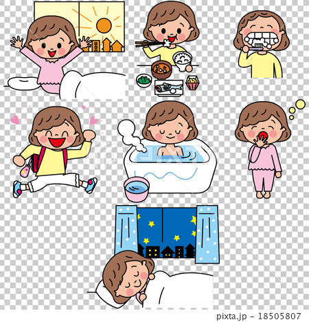 子供 小学生 女子 1日 過ごし方 起きる 寝るのイラスト素材