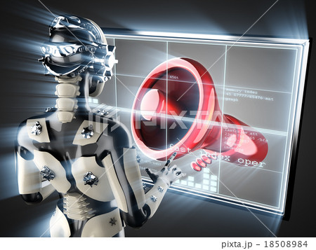 cyborg woman and megaphone on hologram display cyborg woman and megaphone on hologram display 18508984