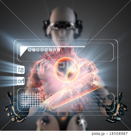 cyborg woman and baseball on hologram display 18508987