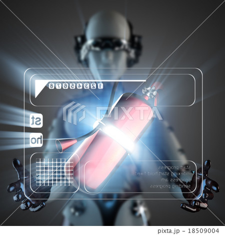 cyborg woman and extinguisher on hologram display 18509004