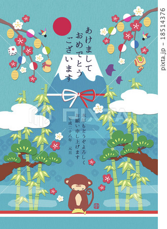 ご挨拶さると富士山（バナナあり）年賀素材　賀詞、文章付き 18514376
