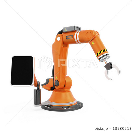 オレンジ色のモニター付きロボットアームのイラスト素材