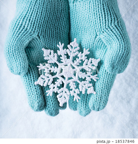 Female hands in light teal knitted mittens with 18537846