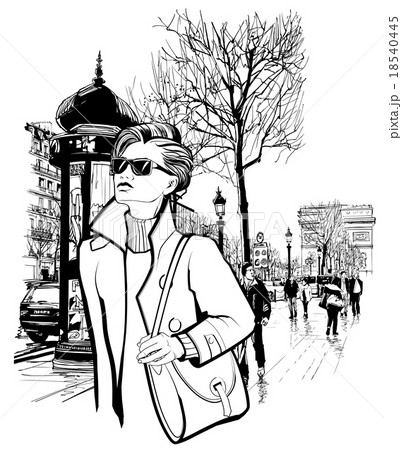 Woman walking in Champs-Elysees avenue in Paris Woman walking in Champs-Elysees avenue in Paris 18540445