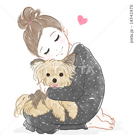 犬を抱きしめる女の子のイラスト素材
