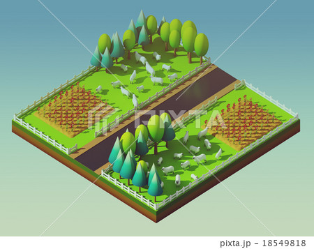 Sheep in the landscape, isometric view Sheep in the landscape, isometric view 18549818