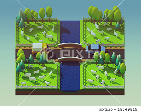 Sheep in the landscape, isometric view Sheep in the landscape, isometric view 18549819