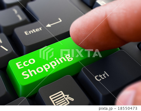 Eco Shopping Concept. Person Click Keyboard Button Eco Shopping Concept. Person Click Keyboard Button 18550473