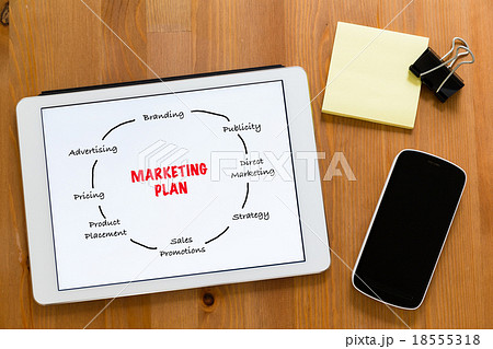 Working desk with mobile phone and digital tablet showing market 18555318