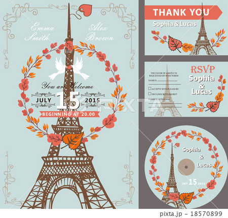 Wedding invitation set.Autumn leaves wreath,Eiffel 18570899