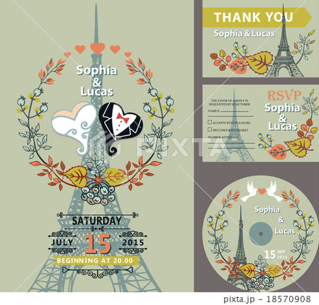 Wedding invitation set.Autumn leaves,hearts,Eiffel 18570908