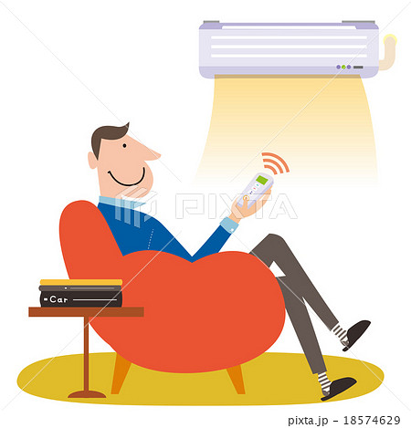 エアコンをつけるソファーに座った男性のイラスト素材