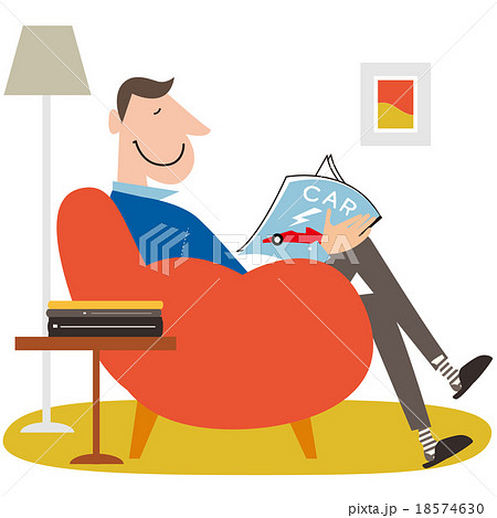 雑誌を読むソファーに座った男性のイラスト素材