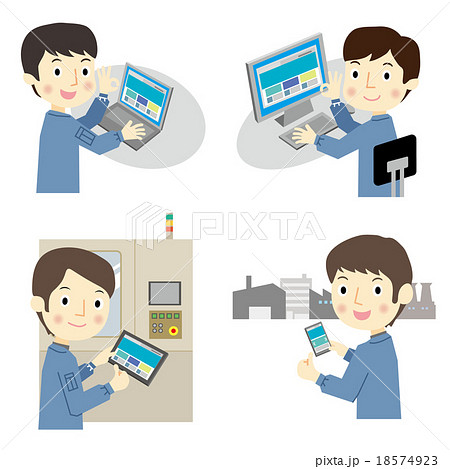 電子機器を操作する作業着の男性 18574923
