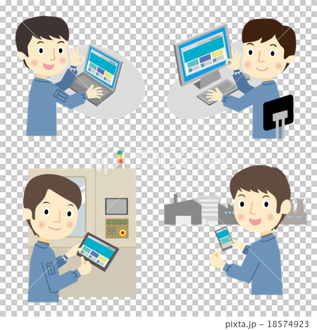 電子機器を操作する作業着の男性 18574923