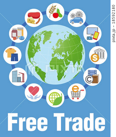 自由貿易イメージと商品やサービスアイコンのイラスト素材