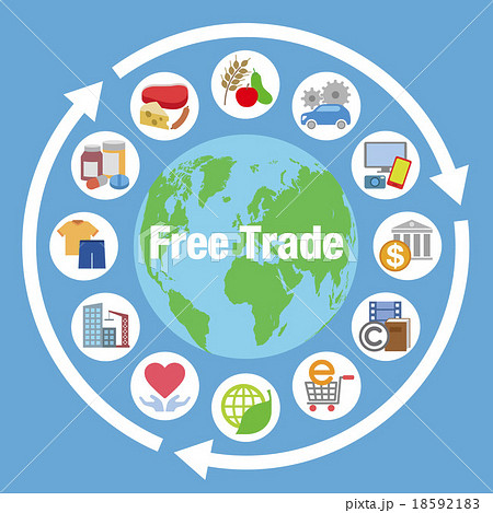 自由貿易イメージと商品やサービスアイコンのイラスト素材