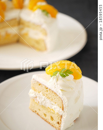 オレンジのショートケーキ 黒背景の写真素材