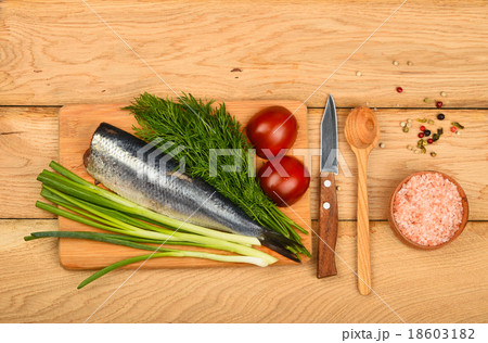 Herring double fillet with vegetables on wood 18603182