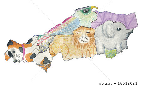 地図の動物 中国5県 水彩色鉛筆画のイラスト素材